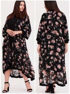 Torrid Velvet Trim Flocked Floral Sheer Maxi Kimono Duster NWT Plus Size 1X / 2X